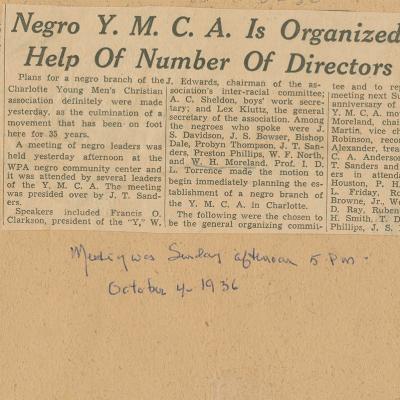 Clipping from scrapbook "Negro YMCA is Organized"